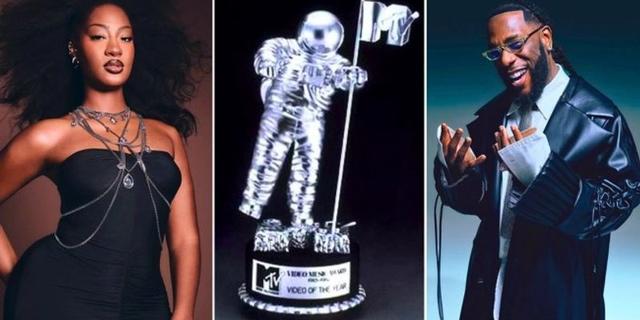 Tems and Burna Boy alongside an MTV Video Music Award statue.