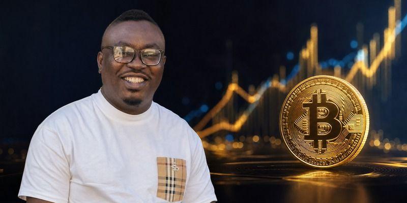 Tomiwa Latunde, founder of VetMe, beside a gold Bitcoin coin and rising market chart visual.
