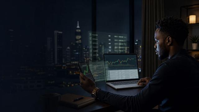 Nigerian crypto trader reviewing a transaction ledger and market chart in Lagos at night.