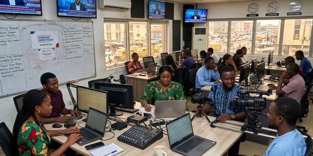 Nigerian journalists and digital creators work around laptops and camera equipment in a newsroom.