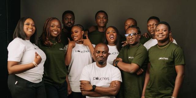 Members of the Pouchers team in branded shirts after the company’s pre-seed funding announcement.