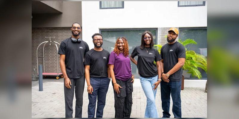 Five members of the Selar team stand outside wearing black Selar-branded shirts, with one team member in a purple shirt.