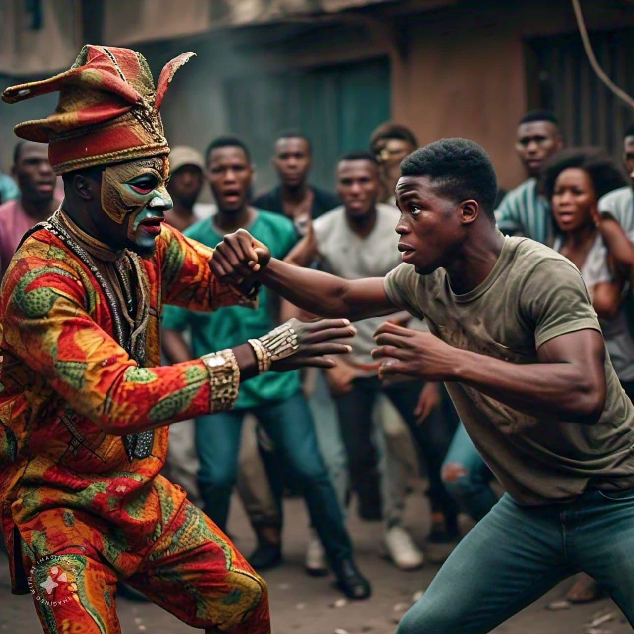 A young man sent a masquerade who tried to attack him flying with a deadly punch to the guts.